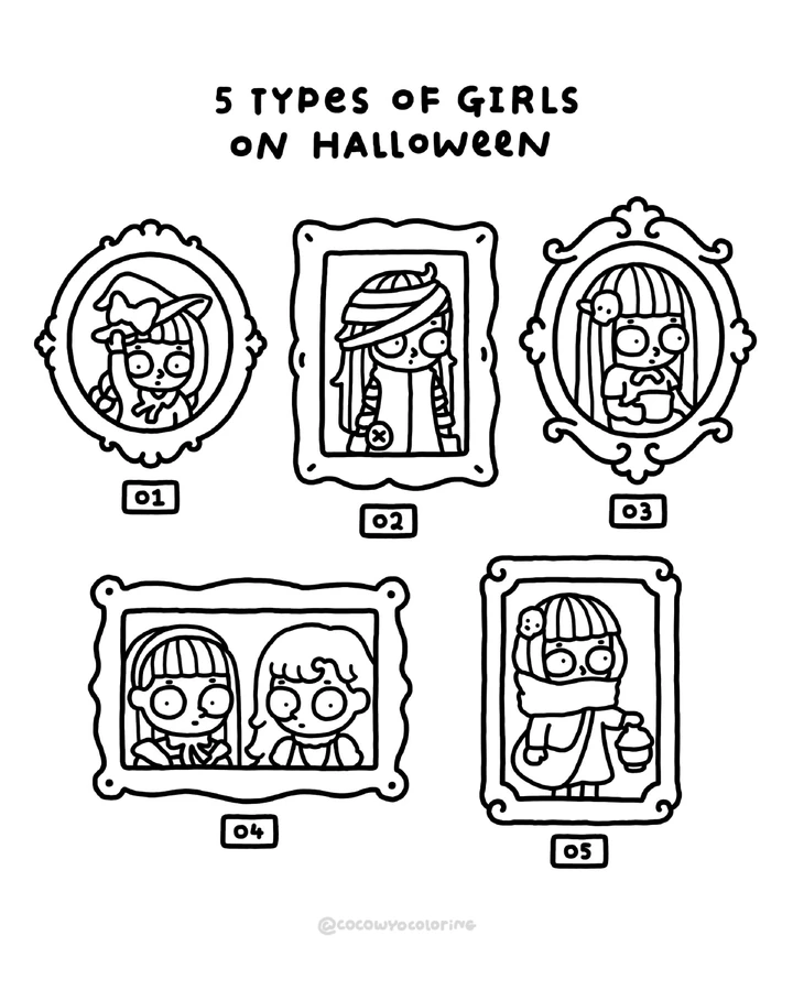 Vijf soorten meisjes op Halloween kleurplaat